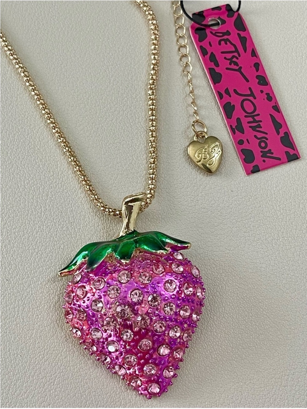 Betsey Johnson Pink Crystal Statement Strawberry Pendant Necklace
